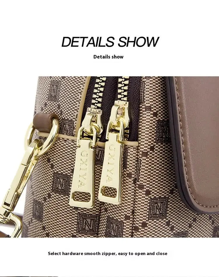 Brown Chic Checkered Mini Crossbody Phone Purse - PU Leather Vertical Shoulder Bag with Headphone Port - Image 7