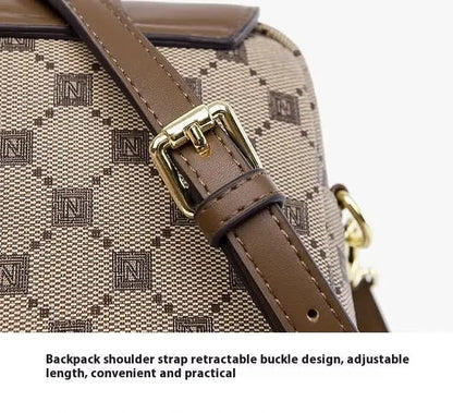 Brown Chic Checkered Mini Crossbody Phone Purse - PU Leather Vertical Shoulder Bag with Headphone Port - Image 8
