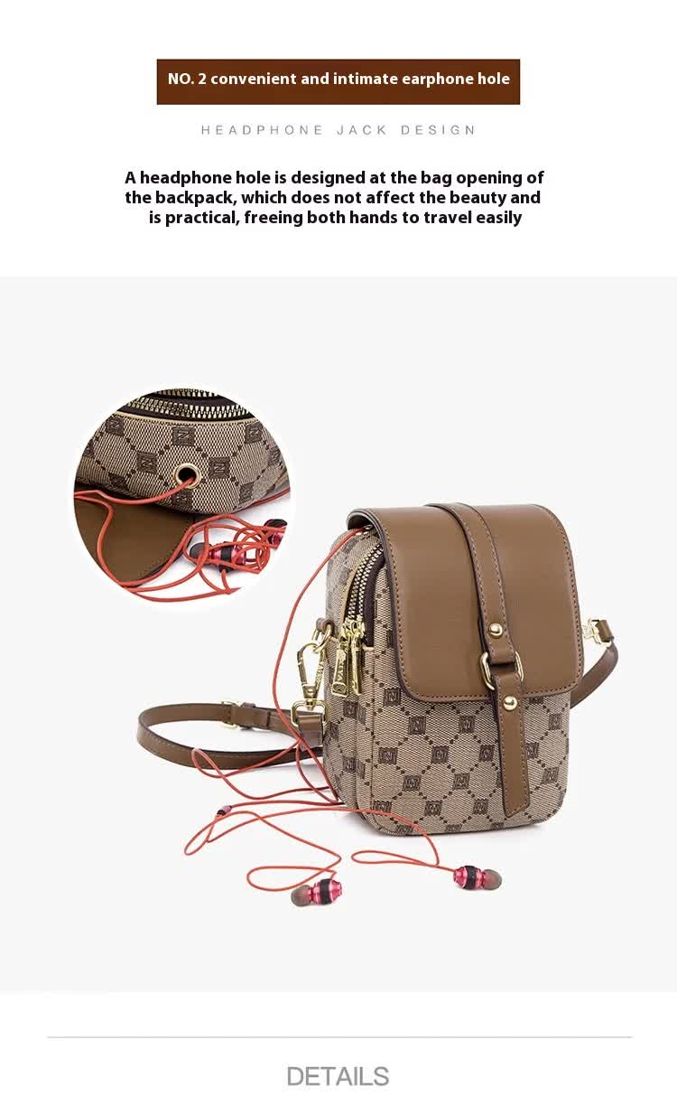 Brown Chic Round Mini Crossbody Phone Purse - PU Leather Vertical Shoulder Bag with Headphone Port - Image 2