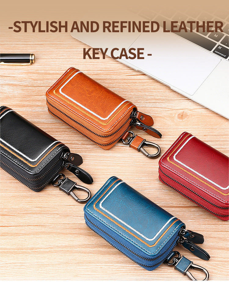 Black Premium Genuine Leather Double Zipper Key Case - Car & House Key Organizer Pouch - Image 2