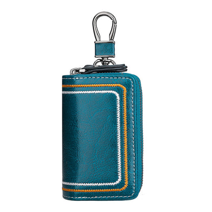Blue Premium Genuine Leather Double Zipper Key Case - Car & House Key Organizer Pouch