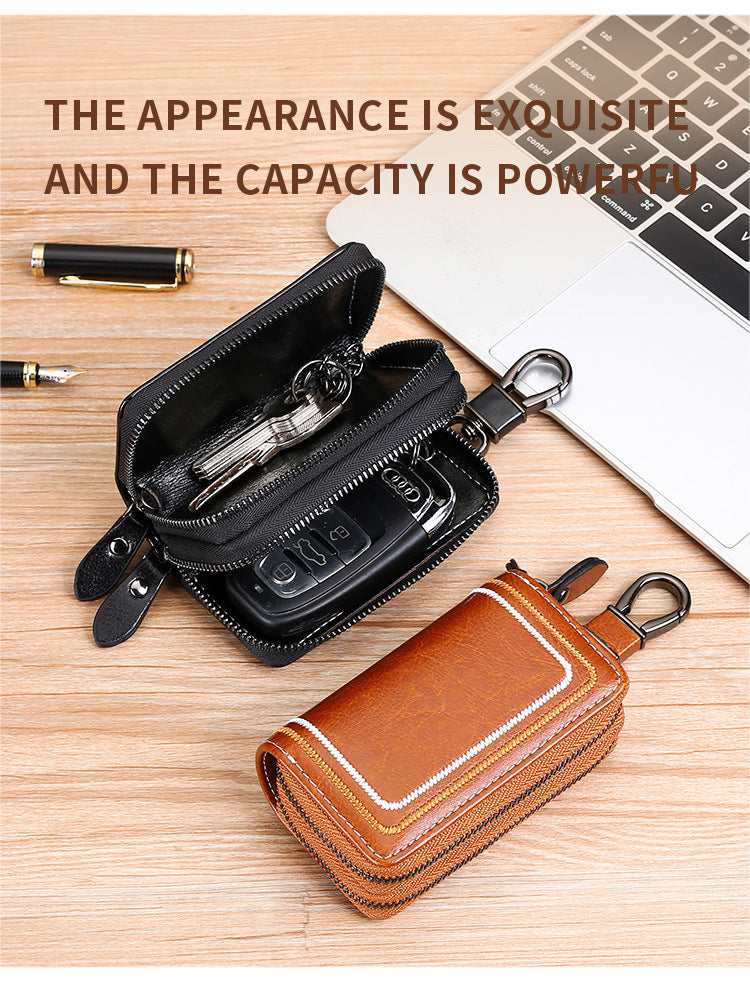 Blue Premium Genuine Leather Double Zipper Key Case - Car & House Key Organizer Pouch - Image 3