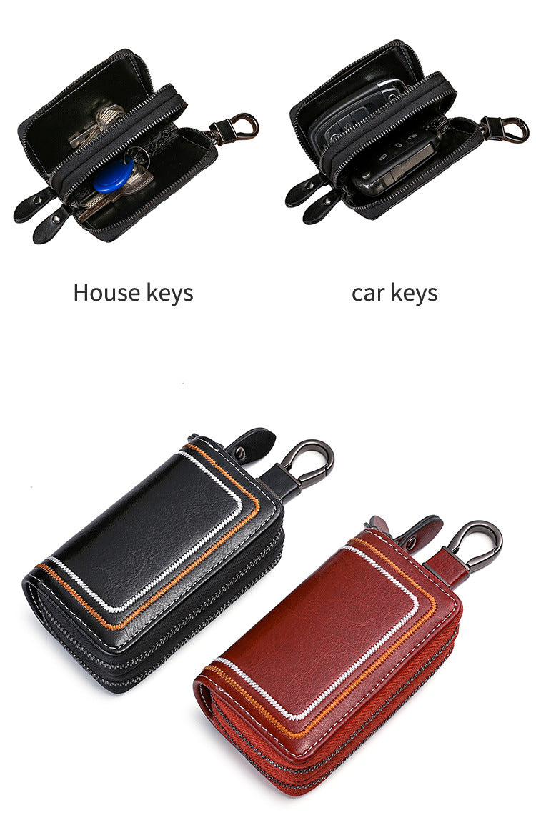 Red Premium Genuine Leather Double Zipper Key Case - Car & House Key Organizer Pouch - Image 5