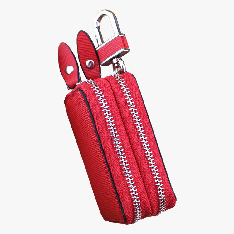 Blue Compact Crossgrain Leather Double Zipper Key Case - Stylish Car & Home Key Organizer - Image 5