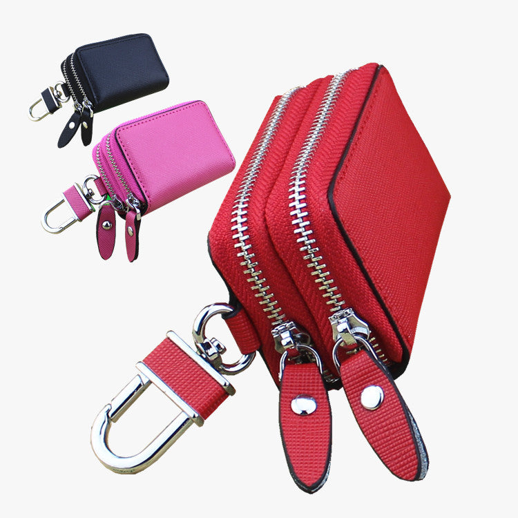 Light Pink Compact Crossgrain Leather Double Zipper Key Case - Stylish Car & Home Key Organizer - Image 2
