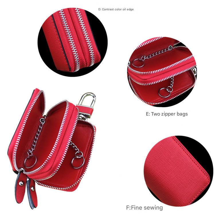 Light Pink Compact Crossgrain Leather Double Zipper Key Case - Stylish Car & Home Key Organizer - Image 6