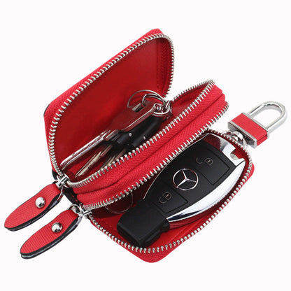 Dark Pink Compact Crossgrain Leather Double Zipper Key Case - Stylish Car & Home Key Organizer - Image 4