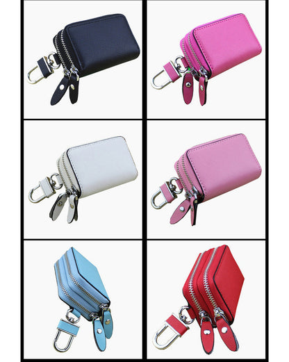 Dark Pink Compact Crossgrain Leather Double Zipper Key Case - Stylish Car & Home Key Organizer - Image 7