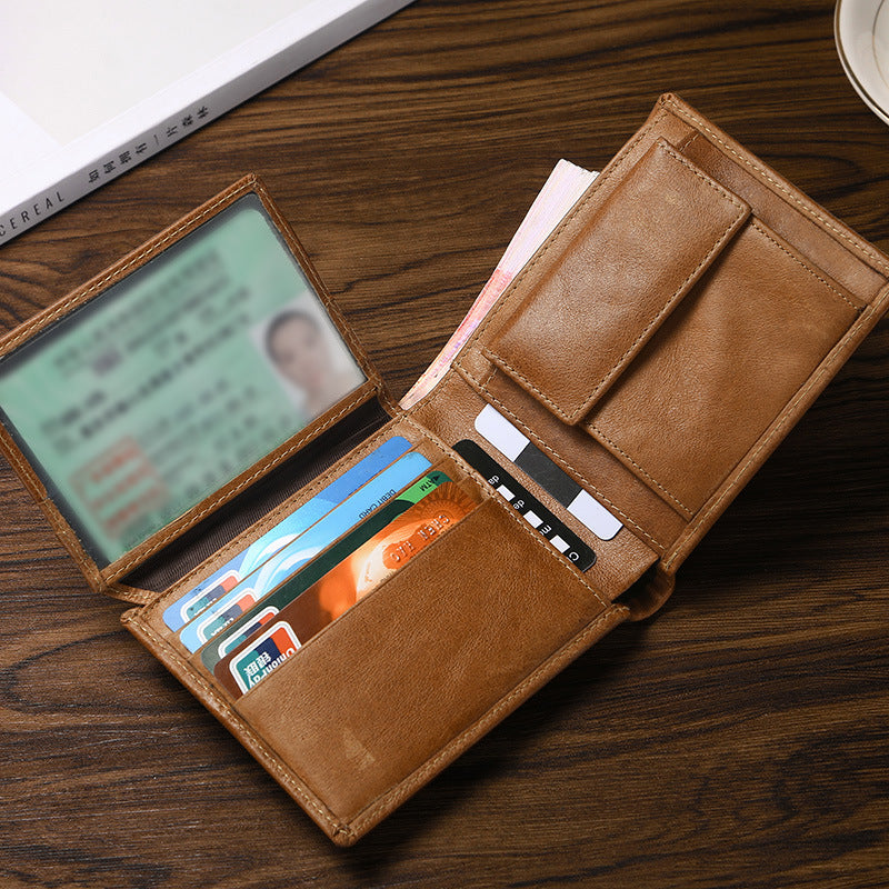 Brown Genuine Leather RFID Blocking Wallet for Men - Vintage Bifold with Coin Pocket & ID Window - Image 3