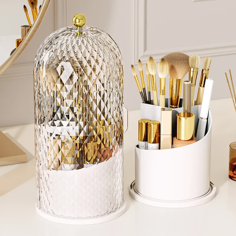 White Elegant 360 Rotating Makeup Brush Holder & Cosmetic Organizer with Dustproof Dome Lid(Makeup is a prop for shooting and is not included) - Image 2