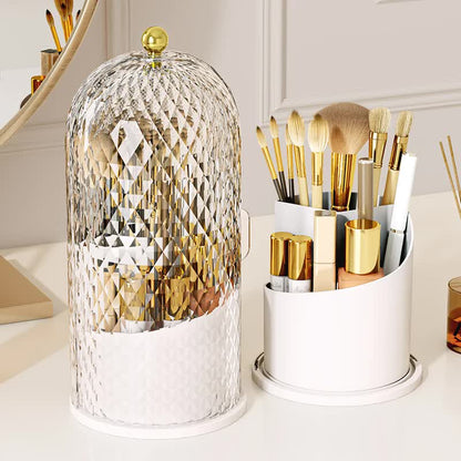 White Elegant 360 Rotating Makeup Brush Holder & Cosmetic Organizer with Dustproof Dome Lid(Makeup is a prop for shooting and is not included) - Image 2