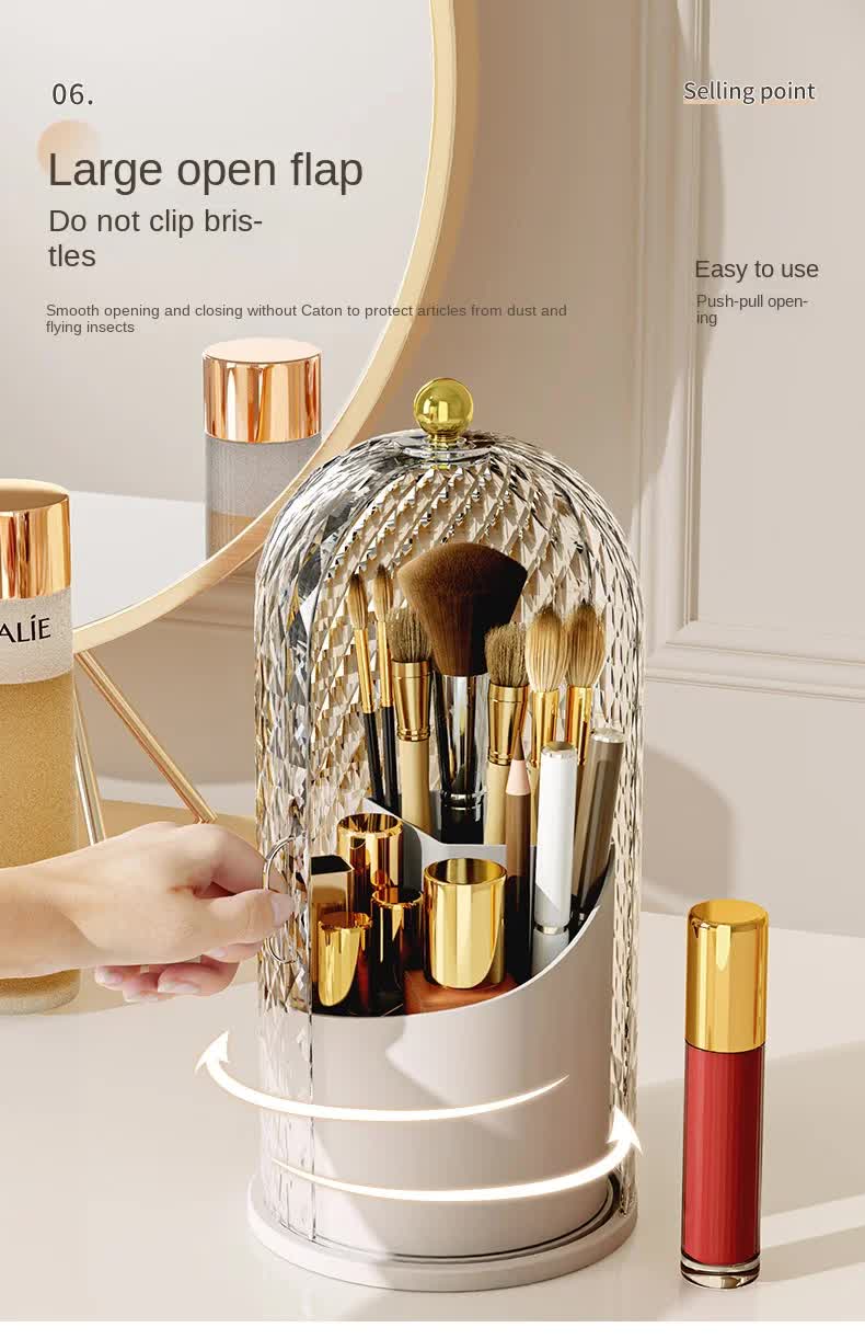 White Elegant 360 Rotating Makeup Brush Holder & Cosmetic Organizer with Dustproof Dome Lid(Makeup is a prop for shooting and is not included) - Image 7