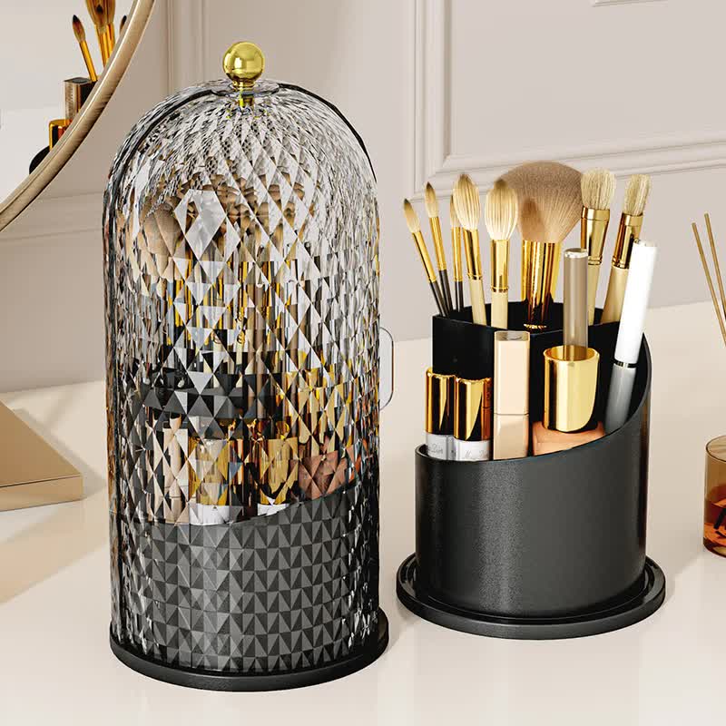 Black Elegant 360 Rotating Makeup Brush Holder & Cosmetic Organizer with Dustproof Dome Lid(Makeup is a prop for shooting and is not included) - Image 2