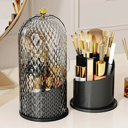 Black Elegant 360 Rotating Makeup Brush Holder & Cosmetic Organizer with Dustproof Dome Lid(Makeup is a prop for shooting and is not included) - Image 2