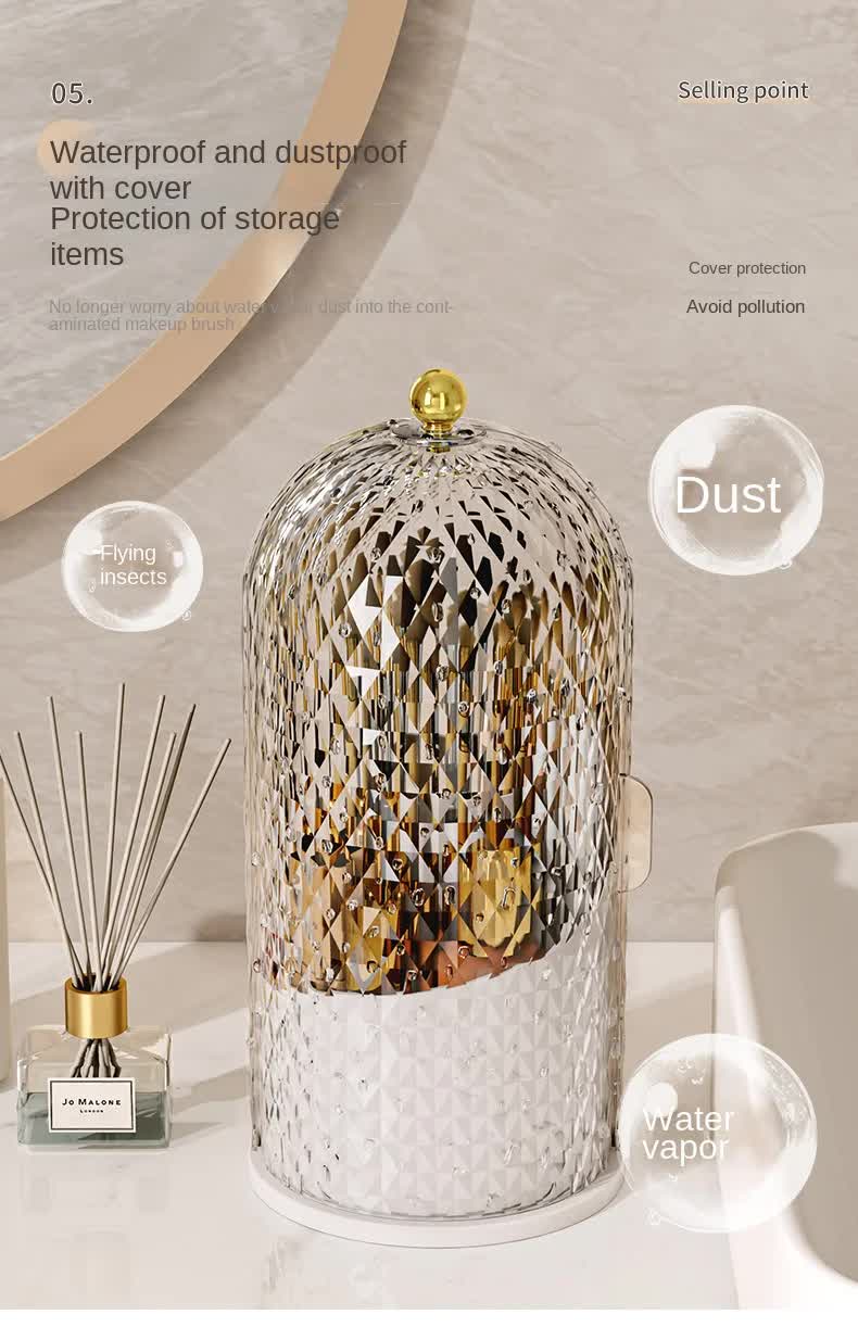 Black Elegant 360 Rotating Makeup Brush Holder & Cosmetic Organizer with Dustproof Dome Lid(Makeup is a prop for shooting and is not included) - Image 6