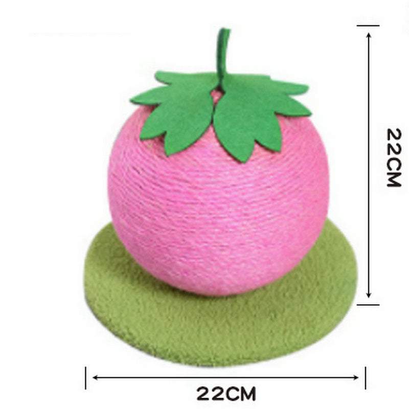 Pink Strawberry And Green Base Fun Fruit Shaped Sisal Cat Scratcher Ball - Durable Scratching Toy with Stable Base - Image 2