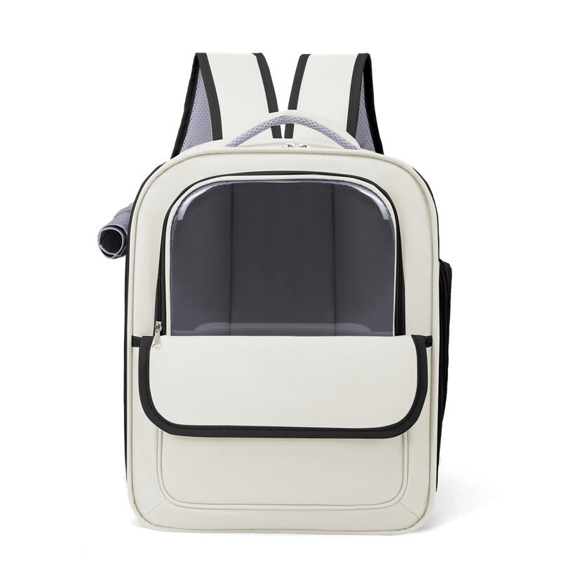 Beige And Black Spacious Pet Carrier Backpack with Clear Window - Comfortable Travel Bag for Cats & Small Dogs