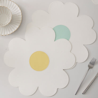 White Background With Yellow Heart + Blue Heart Set of 6 Reversible Flower Shaped Placemats - Waterproof PU Leather Dining Table Mats - Image 2