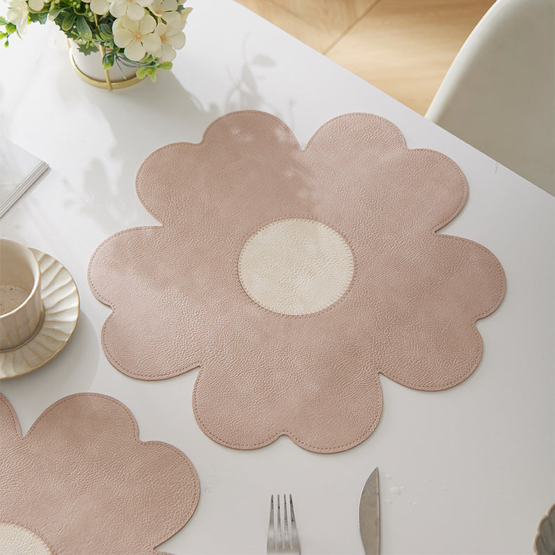 White Background With Yellow Heart + Blue Heart Set of 6 Reversible Flower Shaped Placemats - Waterproof PU Leather Dining Table Mats - Image 7