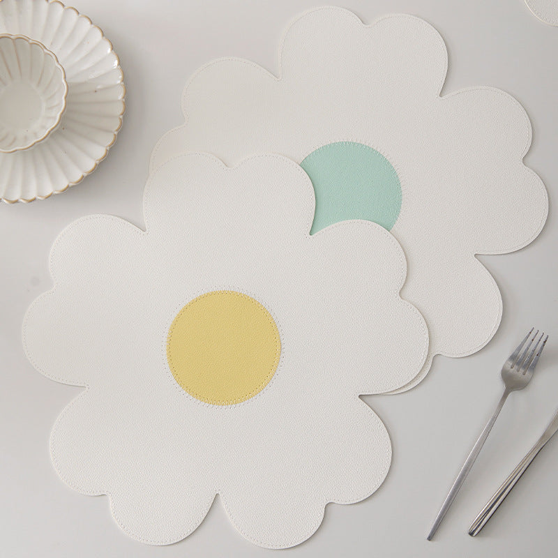 Blue Background With White Heart + Blue Background Set of 6 Reversible Flower Shaped Placemats - Waterproof PU Leather Dining Table Mats - Image 2