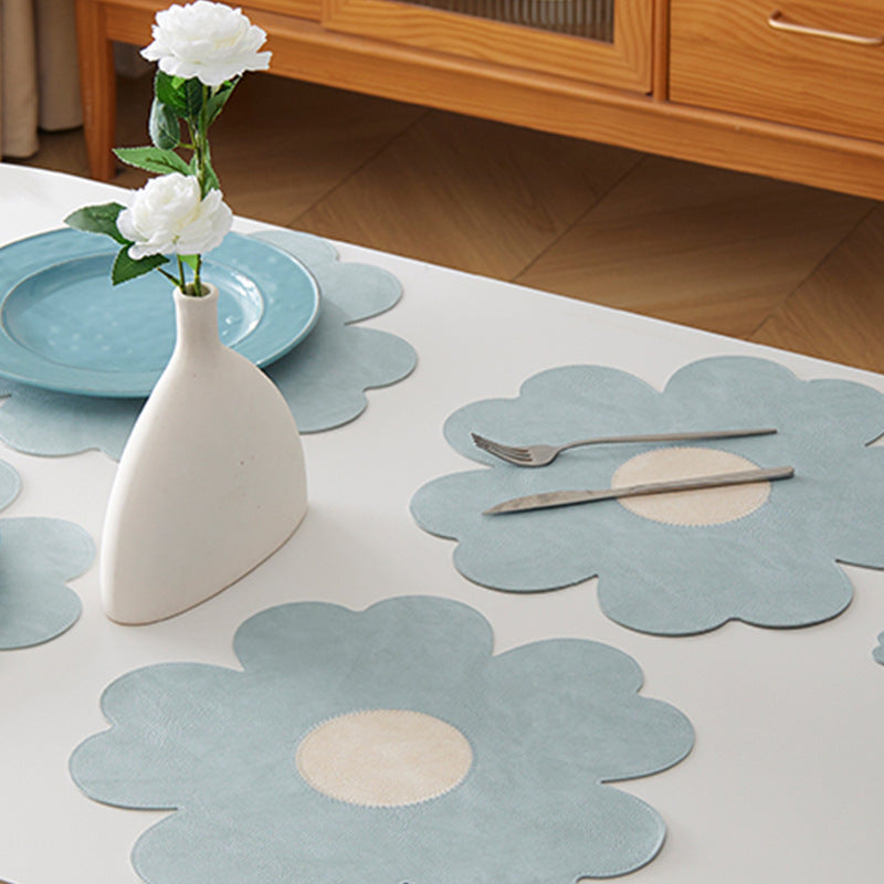 Blue Background With White Heart + Blue Background Set of 6 Reversible Flower Shaped Placemats - Waterproof PU Leather Dining Table Mats - Image 4