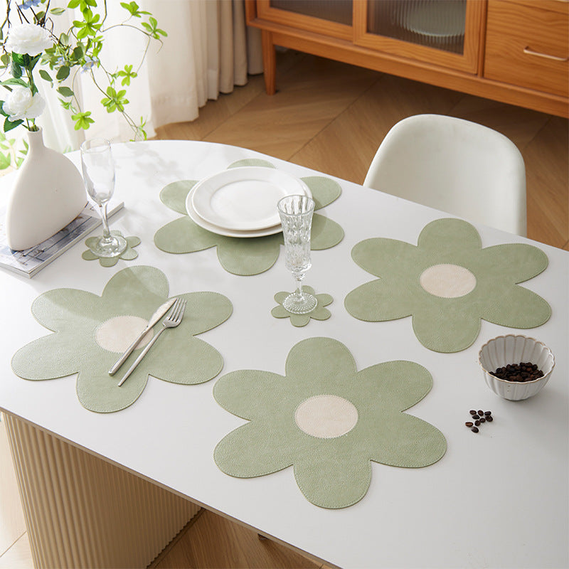 Blue Background With White Heart + Blue Background Set of 6 Reversible Flower Shaped Placemats - Waterproof PU Leather Dining Table Mats - Image 8