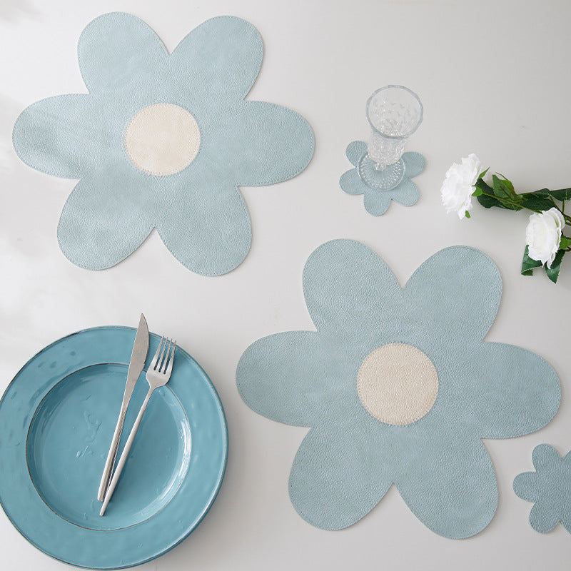 Blue Background With Yellow Heart + Yellow Background With Blue Heart Set of 6 Reversible Flower Shaped Placemats - Waterproof PU Leather Dining Table Mats - Image 3