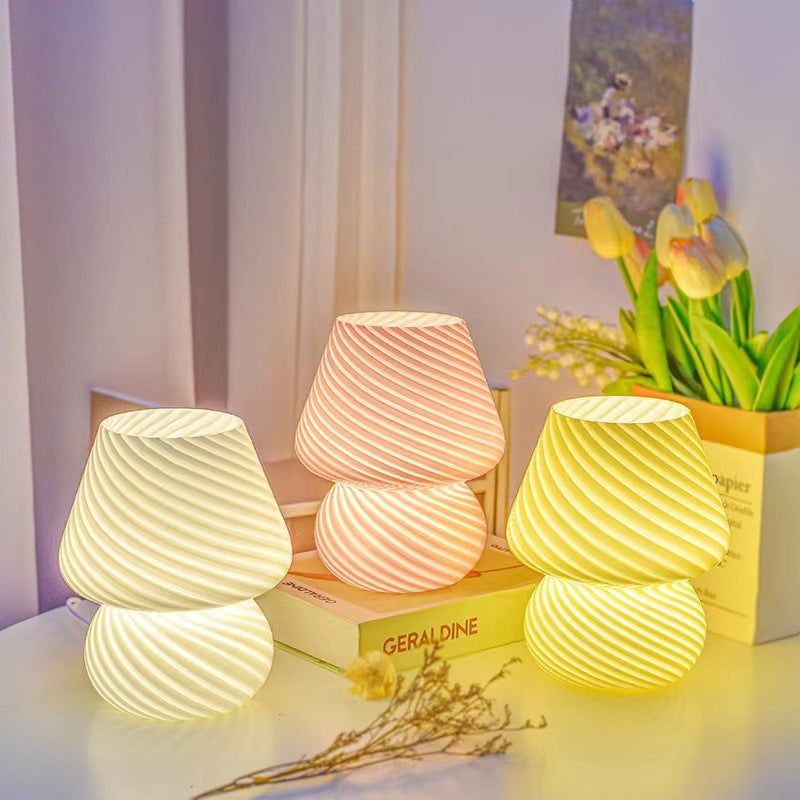 White Retro Swirl Glass Mushroom Table Lamp - USB Powered 3-Level Dimmable Bedside Accent Light - Image 2