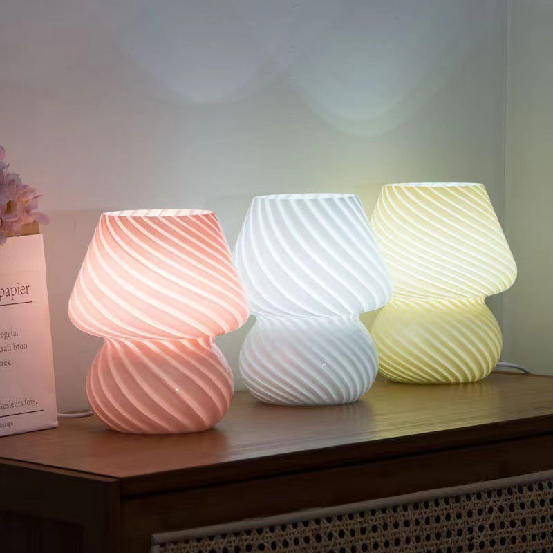 White Retro Swirl Glass Mushroom Table Lamp - USB Powered 3-Level Dimmable Bedside Accent Light - Image 3