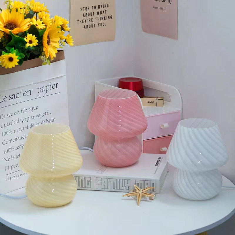 Pink Retro Swirl Glass Mushroom Table Lamp - USB Powered 3-Level Dimmable Bedside Accent Light - Image 4