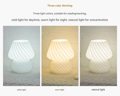 Pink Retro Swirl Glass Mushroom Table Lamp - USB Powered 3-Level Dimmable Bedside Accent Light - Image 5