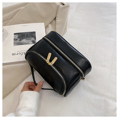 Black Large Capacity Double Layer PU Leather Makeup Bag - Portable Travel Cosmetic Organizer Case