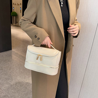 Beige Large Capacity Double Layer PU Leather Makeup Bag - Portable Travel Cosmetic Organizer Case - Image 2