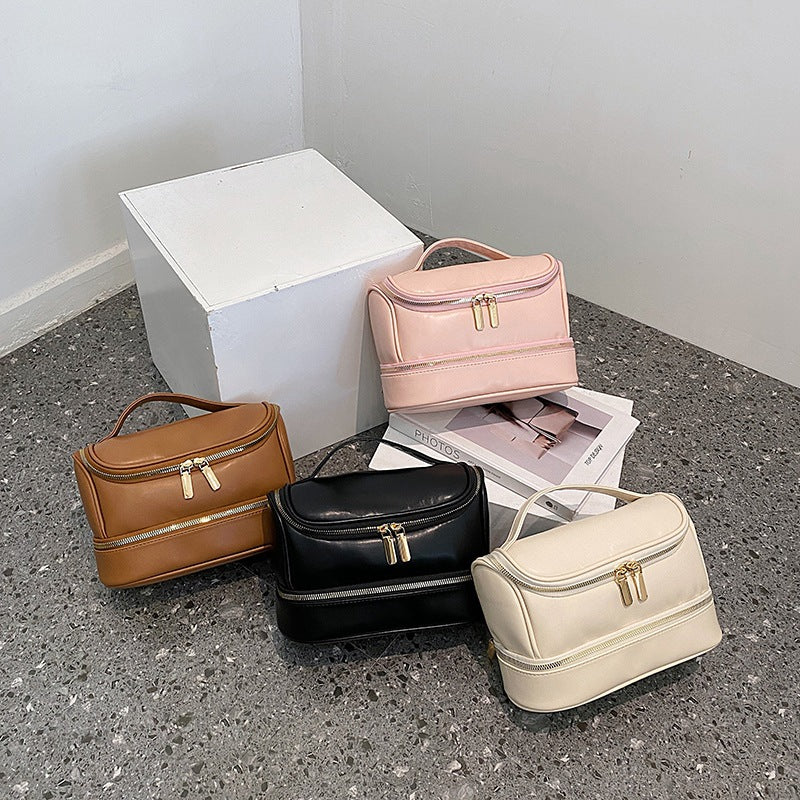 Beige Large Capacity Double Layer PU Leather Makeup Bag - Portable Travel Cosmetic Organizer Case - Image 3