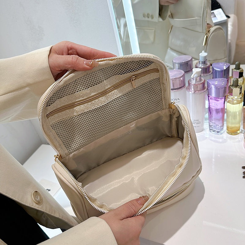 Beige Large Capacity Double Layer PU Leather Makeup Bag - Portable Travel Cosmetic Organizer Case - Image 7