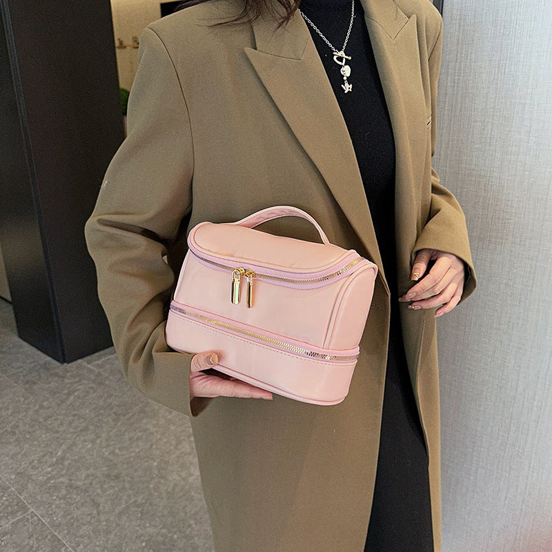 Pink Large Capacity Double Layer PU Leather Makeup Bag - Portable Travel Cosmetic Organizer Case - Image 2