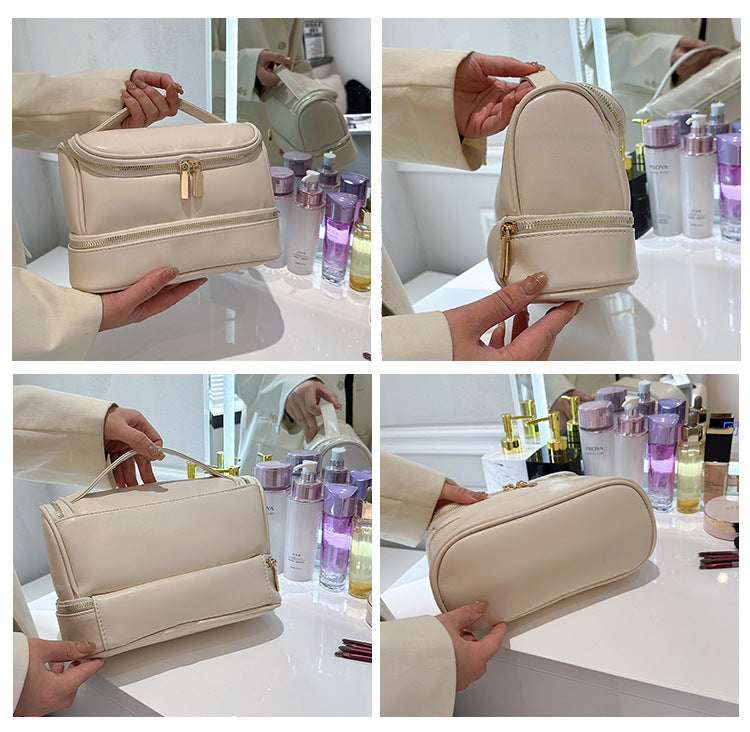 Pink Large Capacity Double Layer PU Leather Makeup Bag - Portable Travel Cosmetic Organizer Case - Image 4