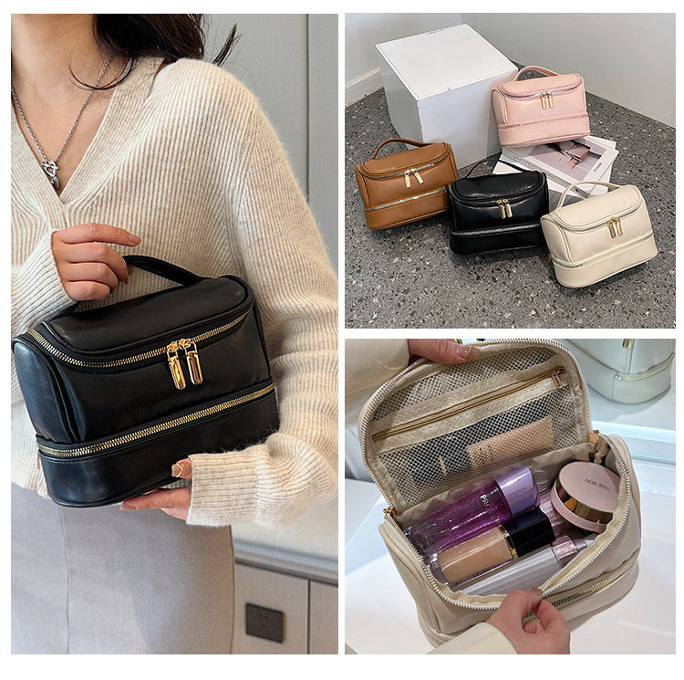 Pink Large Capacity Double Layer PU Leather Makeup Bag - Portable Travel Cosmetic Organizer Case - Image 5