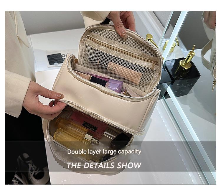 Pink Large Capacity Double Layer PU Leather Makeup Bag - Portable Travel Cosmetic Organizer Case - Image 6