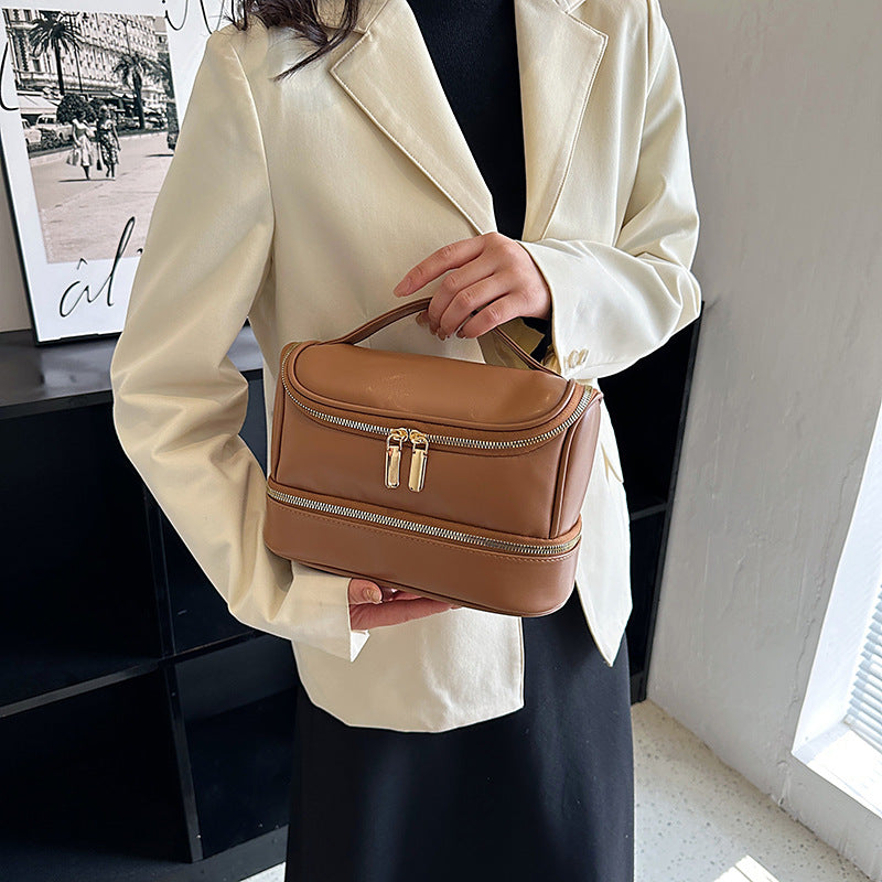 Brown Large Capacity Double Layer PU Leather Makeup Bag - Portable Travel Cosmetic Organizer Case - Image 2
