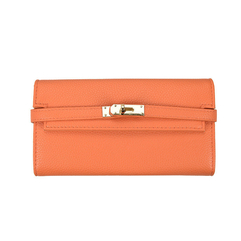 Orange Elegant Women's Turn Lock Long Wallet - Black PU Leather Clutch Purse with Card Slots & Zipper Pocket