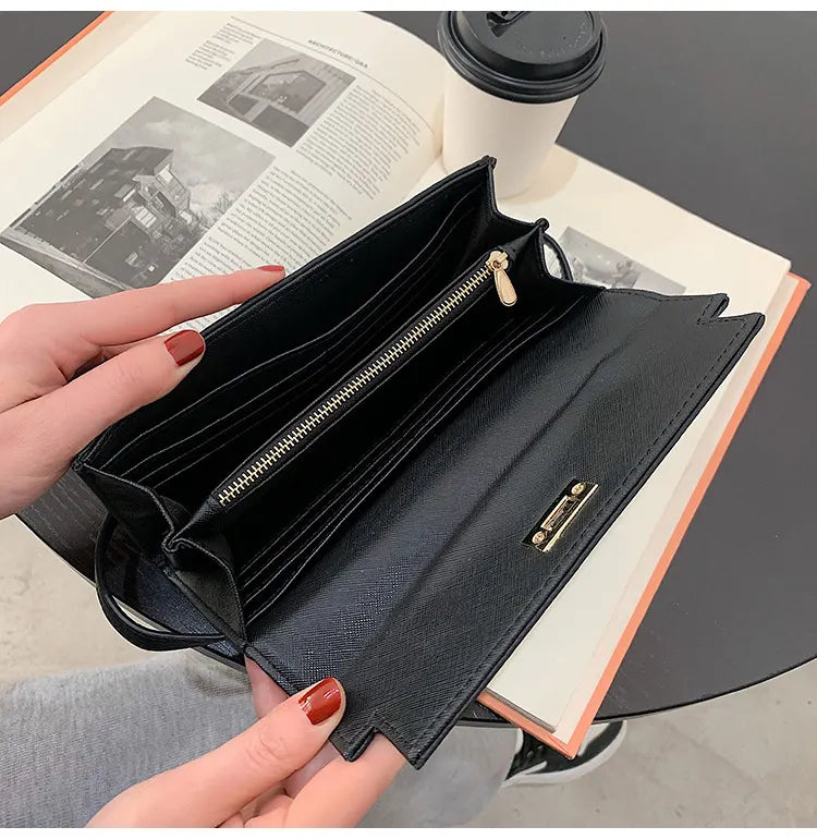 Orange Elegant Women's Turn Lock Long Wallet - Black PU Leather Clutch Purse with Card Slots & Zipper Pocket - Image 8