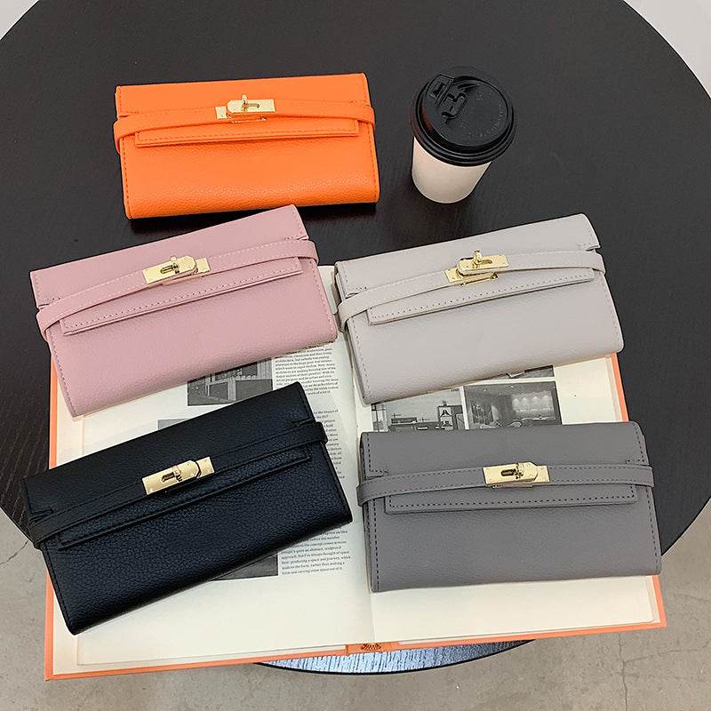 Grey Elegant Women's Turn Lock Long Wallet - Black PU Leather Clutch Purse with Card Slots & Zipper Pocket - Image 2