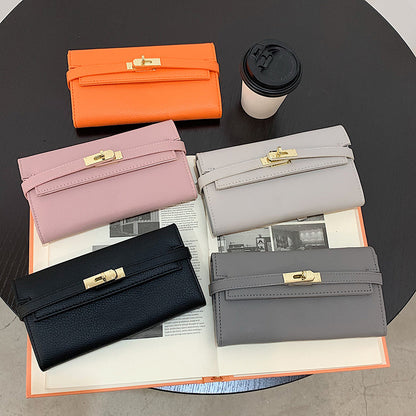 Grey Elegant Women's Turn Lock Long Wallet - Black PU Leather Clutch Purse with Card Slots & Zipper Pocket - Image 2