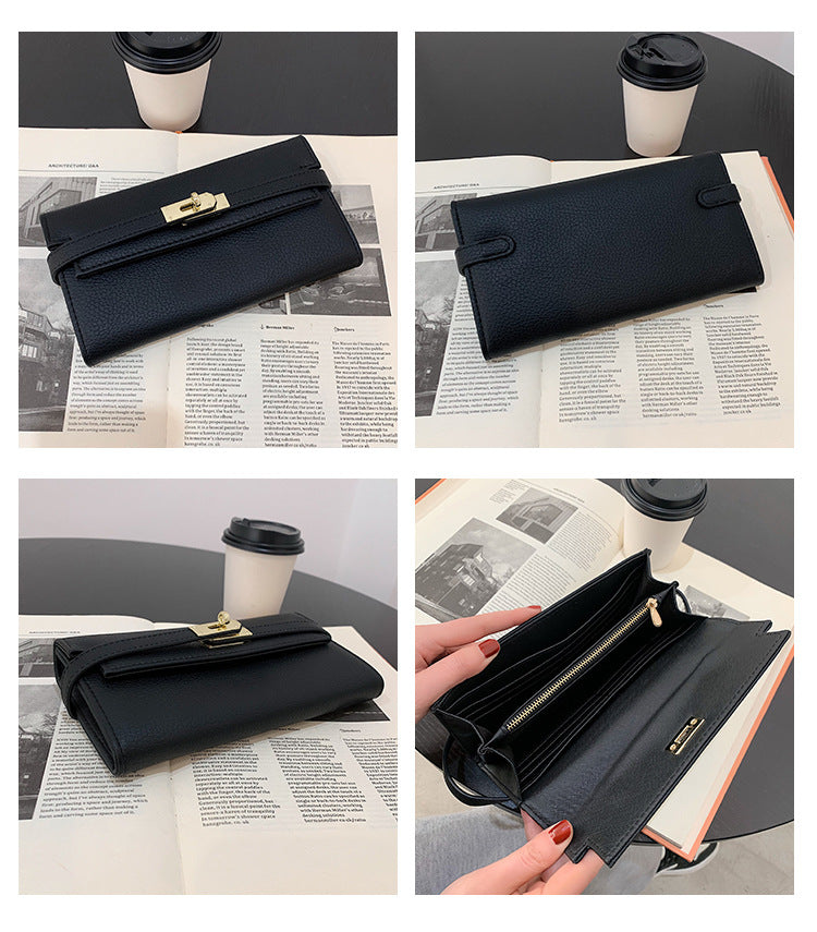 Pink Elegant Women's Turn Lock Long Wallet - Black PU Leather Clutch Purse with Card Slots & Zipper Pocket - Image 3