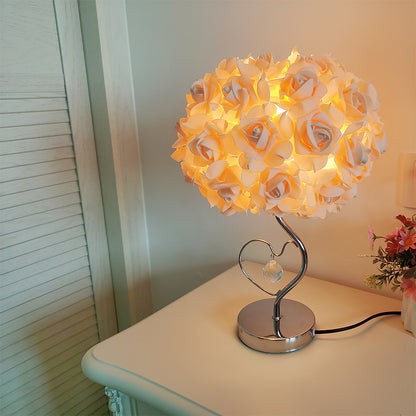 Pink Roses And Silver Base Romantic Red Rose Flower Table Lamp - Crystal Heart Accent Bedside Night Light - Image 7