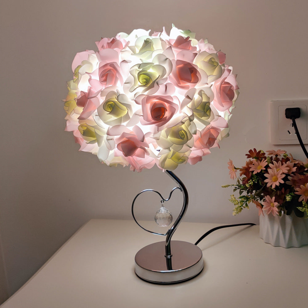 Pink,Green Roses And Silver Base Romantic Red Rose Flower Table Lamp - Crystal Heart Accent Bedside Night Light - Image 6
