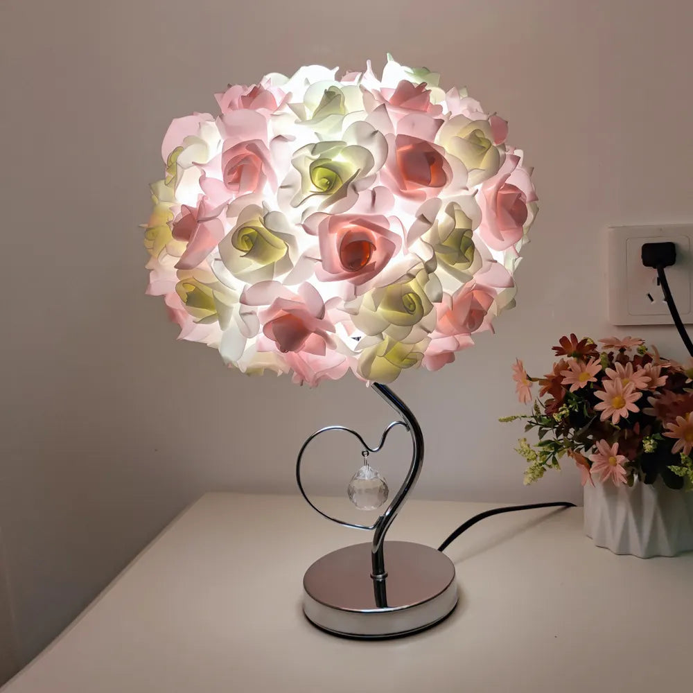 Pink,Green Roses And Silver Base Romantic Red Rose Flower Table Lamp - Crystal Heart Accent Bedside Night Light - Image 6