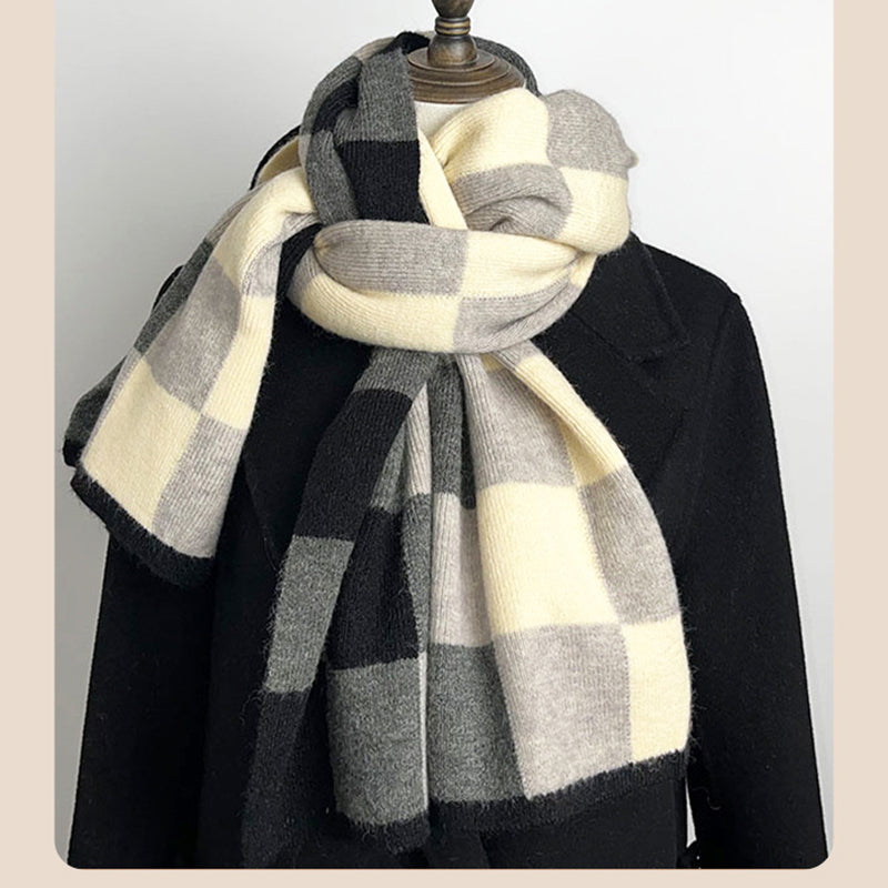 Coffee,Grey And Beige Unisex Retro Checkered Knit Scarf - Soft Thick Winter Shawl Wrap - Image 3