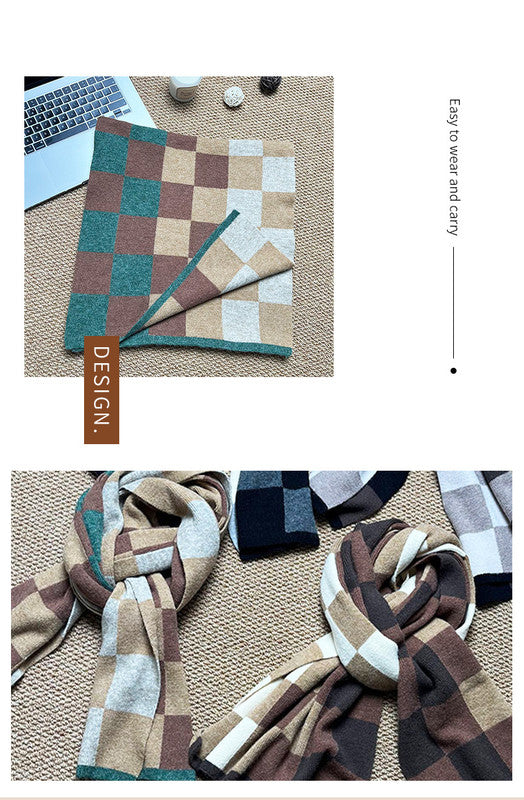 Brown,Khaki And Green Unisex Retro Checkered Knit Scarf - Soft Thick Winter Shawl Wrap - Image 7